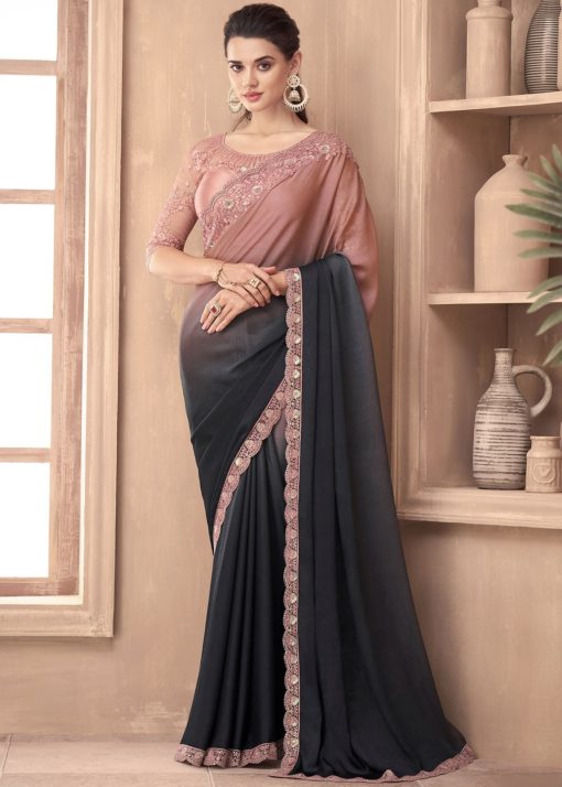 Shaded Black Embroidered Border Party Wear Saree