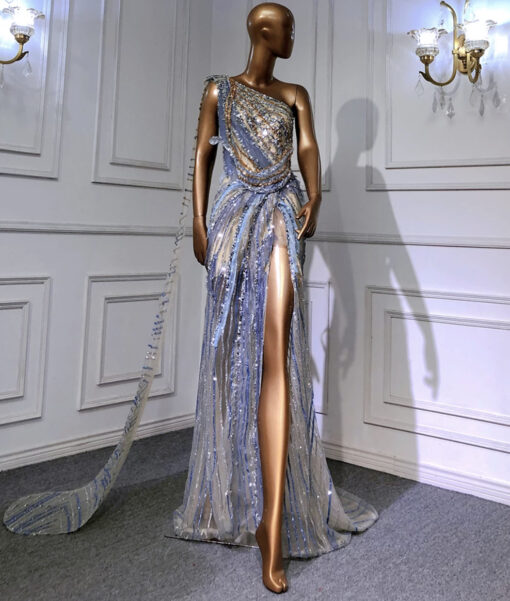 High Split Shoulder Drape Beaded Evening Dress
