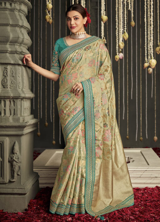 Beige Silk Embroidered Sangeet Saree