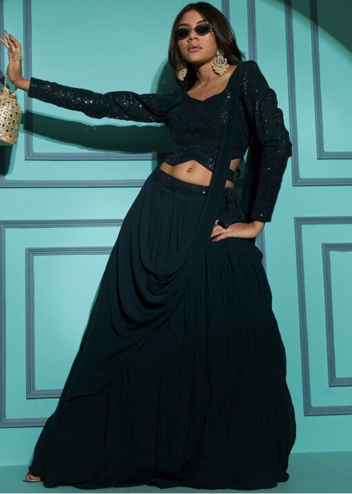 Green Georgette Pleated Lehenga Choli