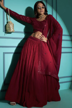 Red Georgette Pleated Lehenga Choli