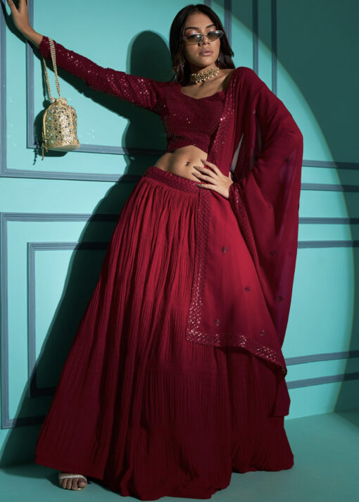 Red Georgette Pleated Lehenga Choli
