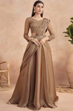 Brown Lehenga Style Saree With Belt