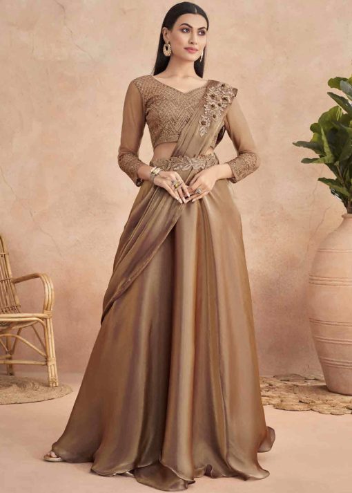 Brown Lehenga Style Saree With Belt
