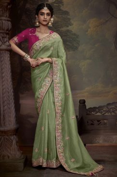 Light Green Embroidered Wedding Saree
