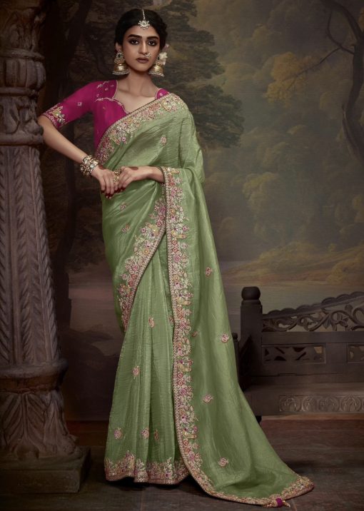 Light Green Embroidered Wedding Saree
