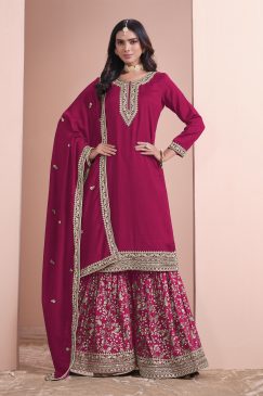 Pink Color Partywear Plazo Suit In Silk Fabric Wedding Function