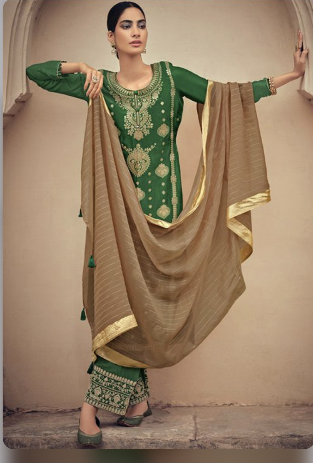 Green Jacquard Silk Embroidered Pant Suit Salwar Kameez Designer