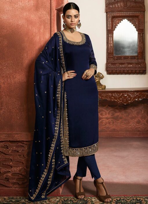 Blue Art Silk Straight Cut Pant Suit Salwar Kameez Designer Collection