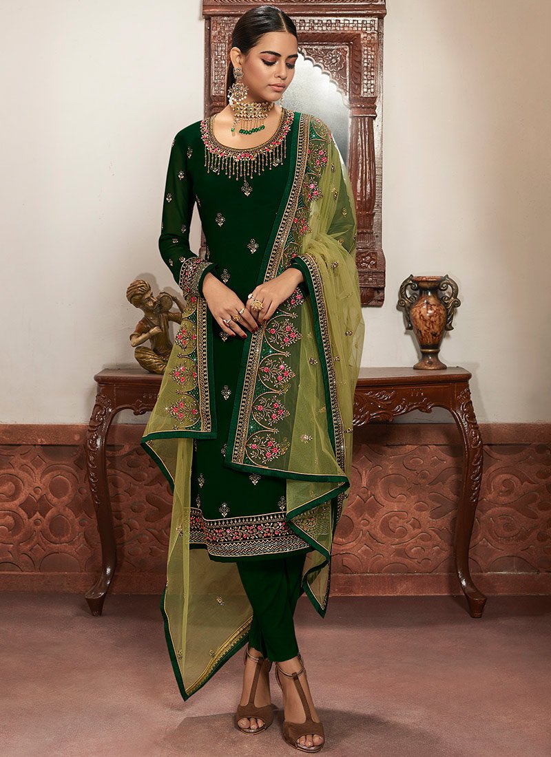 Green Straight Cut Pant Suit Salwar Kameez Designer Collection