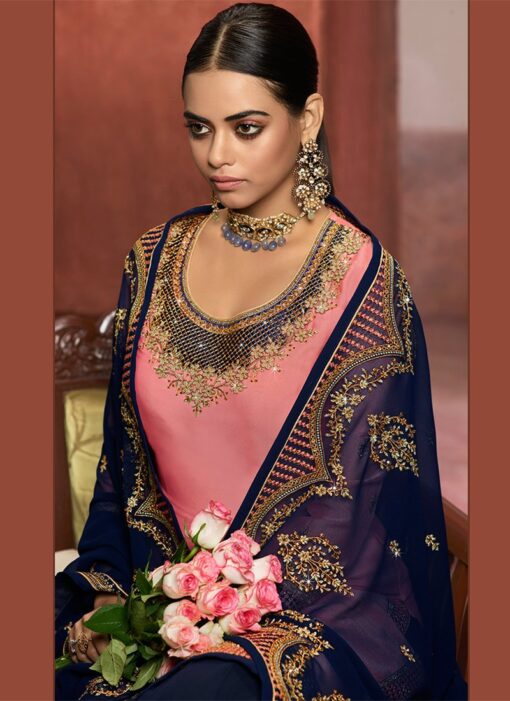 Pink Satin Straight Cut Pant Suit Salwar Kameez Designer Collection