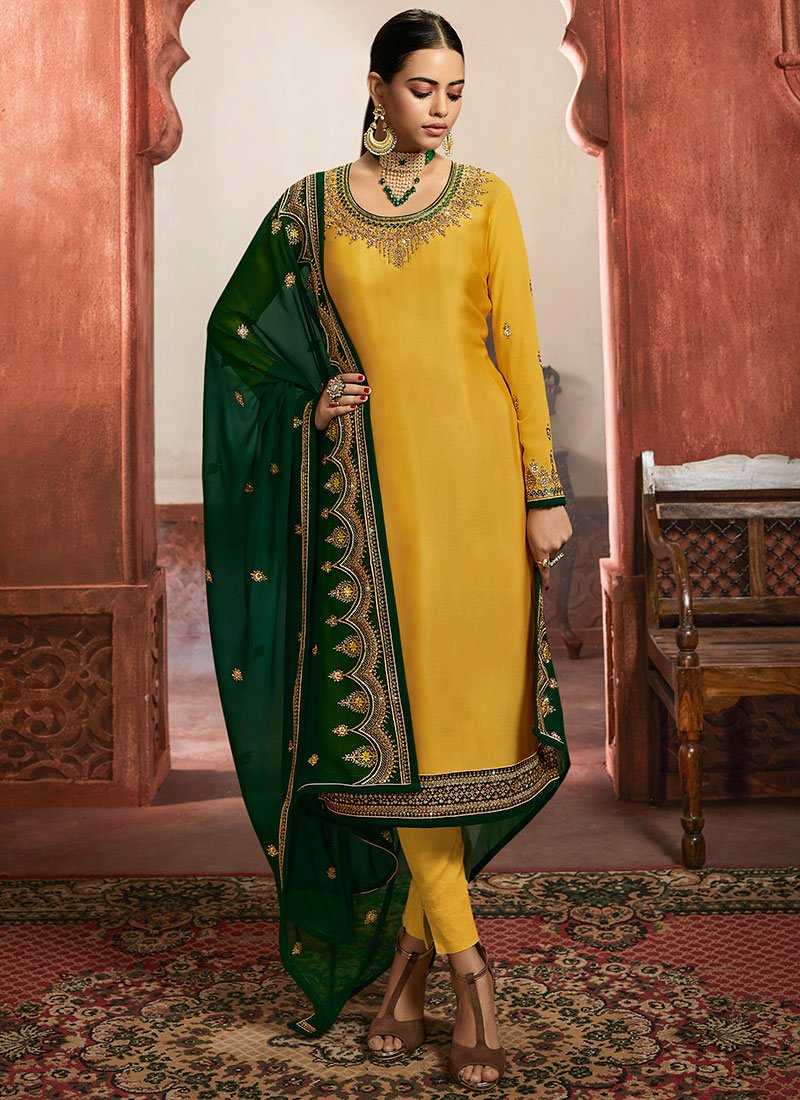 Mustard Satin Straight Cut Pant Suit Salwar Kameez Designer Collection