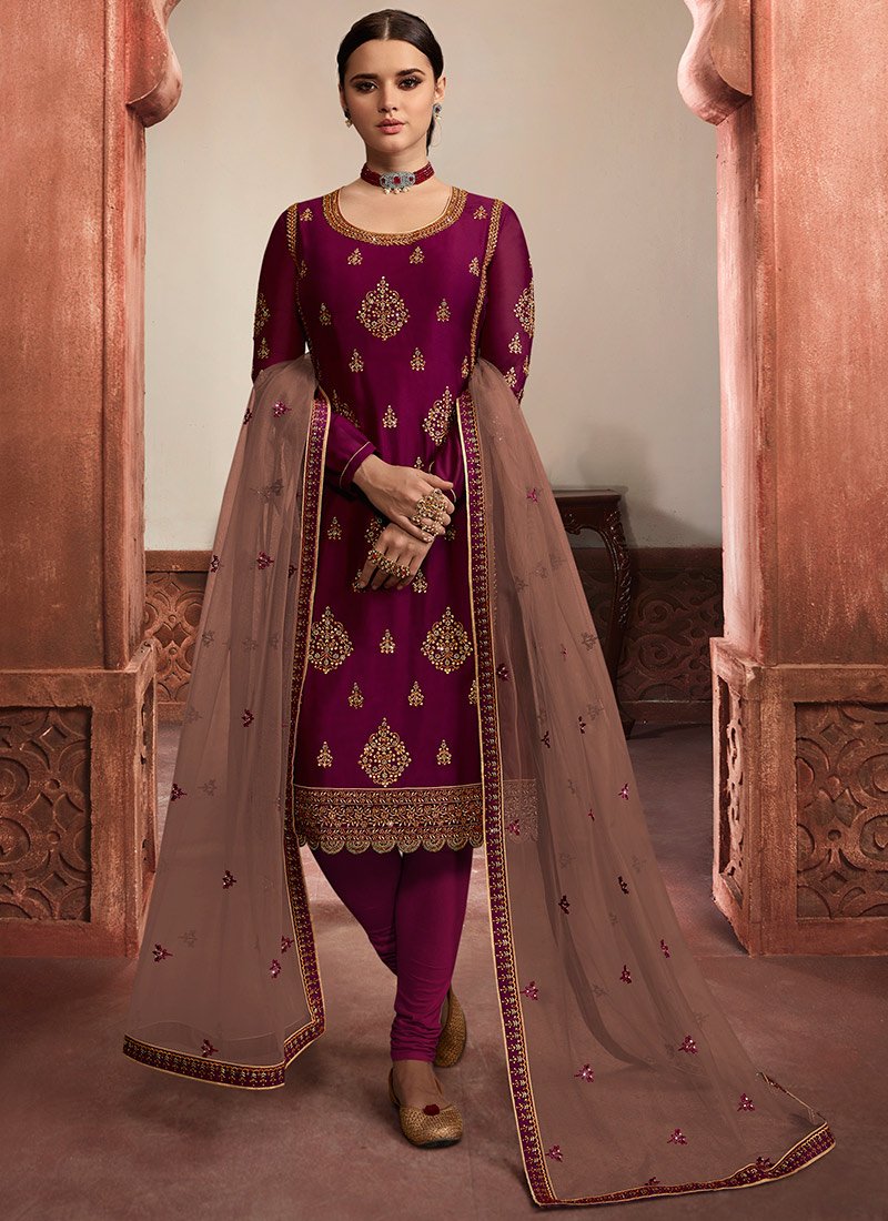 Wine Satin Straight Cut Pant Suit Salwar Kameez Designer Collection