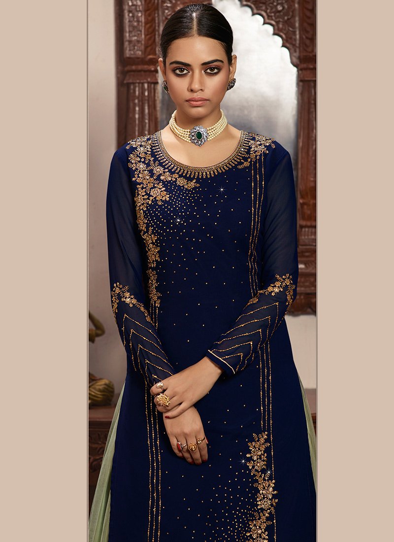 Blue Straight Cut Pant Suit Salwar Kameez Designer Collection
