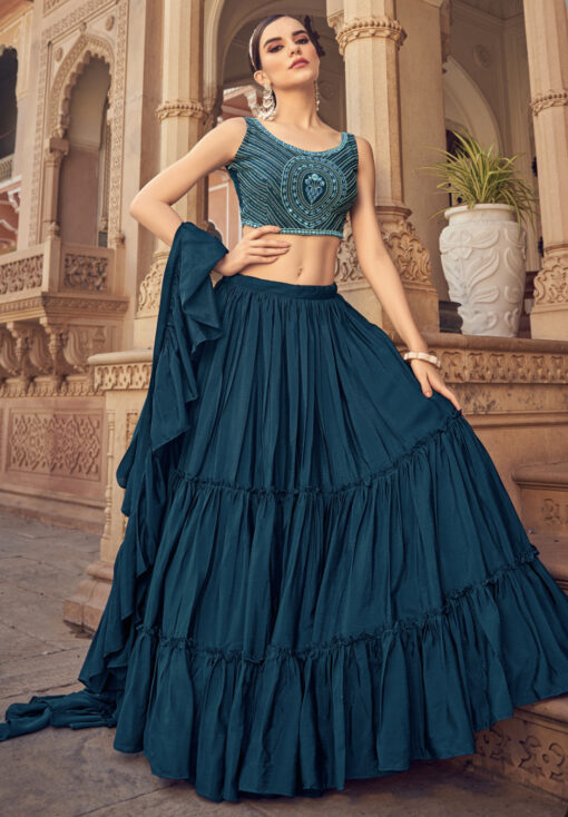 Navy Chinon Silk Ruffled Lehenga Choli