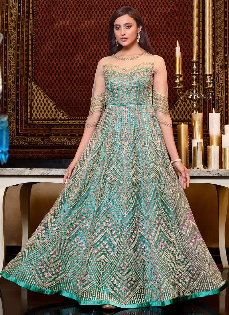 Mint Blue Net Embroidered Anarkali Suit Salwar Kameez, Top 20