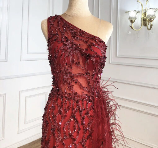 Elegant One-Shoulder Beaded Embroidery Evening Gown with Draped Train DP7882