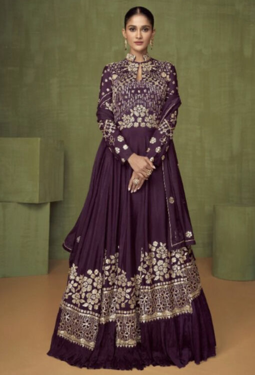 Wine Embroidered Floor Length Anarkali Suit