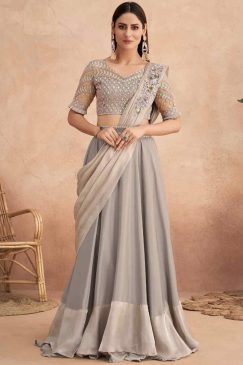 Grey Lehenga Style Saree With Belt