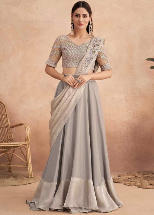 Grey Lehenga Style Saree With Belt