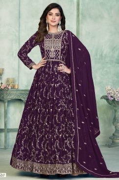Wine Abaya Style Embroidered Anarkali Suit