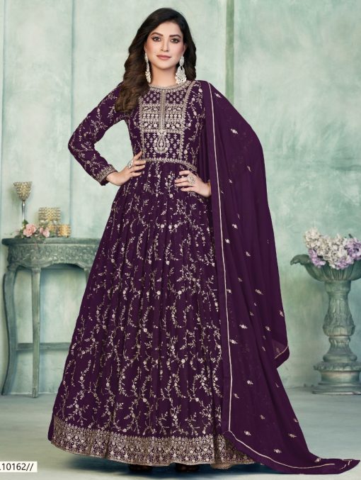 Wine Abaya Style Embroidered Anarkali Suit