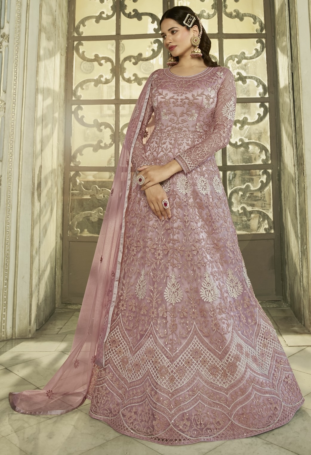 Pink Embroidered Net Floor Length Anarkali Suit Salwar Kameez abendkleid-mit-arm-stil-und-sch-nheit