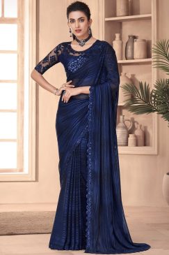 Blue Embroidered Border Party Wear Saree
