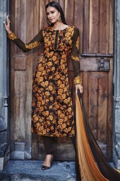 Khaki Crepe Churidar Suit