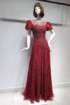 Red Puff Sleeve Sequin Embellished Evening Gown
