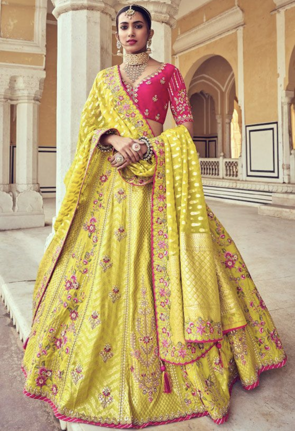 Lemon Yellow Silk Lehenga Choli - Lehengas Designer Collection
