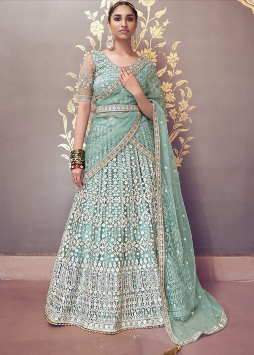 Aqua Blue Net Wedding Lehenga Choli