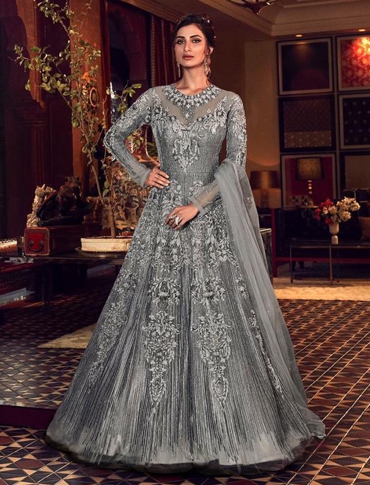 Light Grey Net Embroidered Anarkali Dress - Salwar Kameez Designer ...