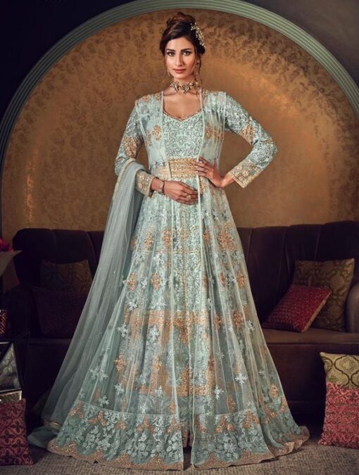 Pale Blue Jacket Style Net Embroidered Anarkali Dress