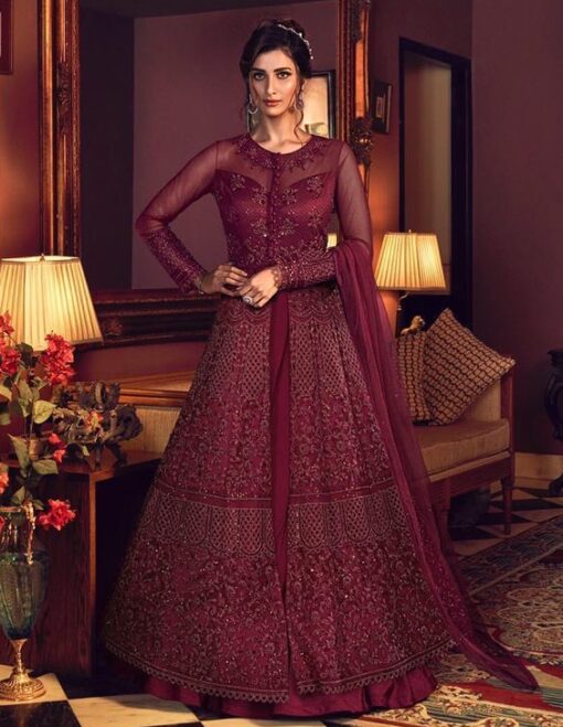 Red Net Embroidered Anarkali Lehenga or Pant Suit