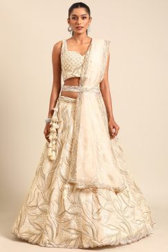 Cream Floral Embroidered Net Bridal Lehenga Choli