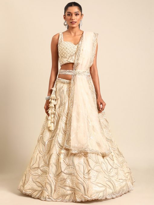 Cream Floral Embroidered Net Bridal Lehenga Choli