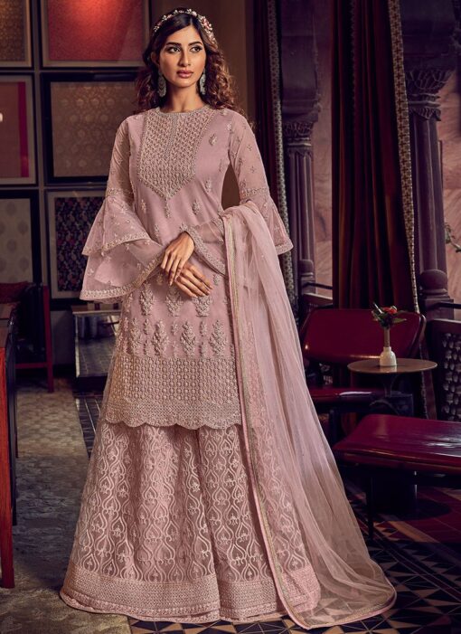 Pink Net Embroidered Palazzo Suit