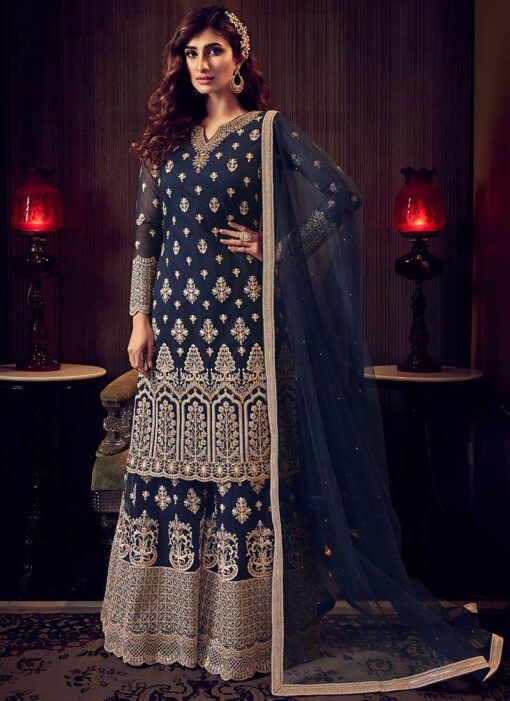 Blue Net Embroidered Palazzo Suit