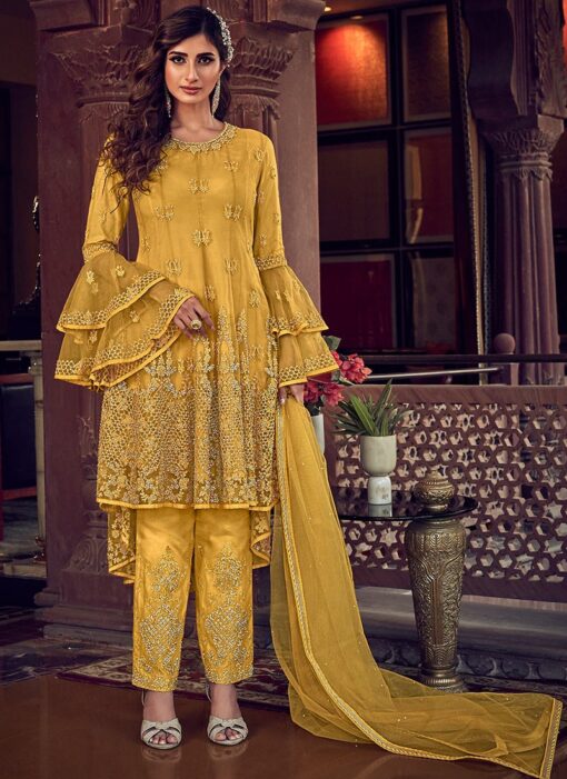 Mustard Net Embroidered Pant Suit