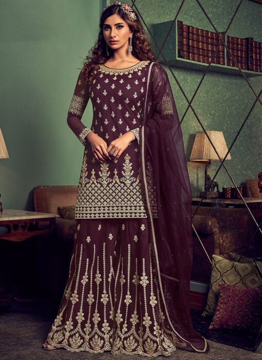 Wine Net Embroidered Palazzo Suit
