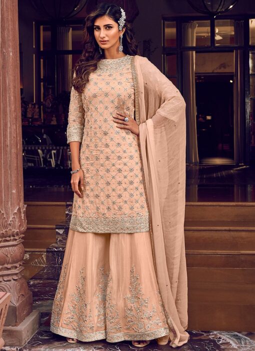 Peach Net Embroidered Palazzo Suit
