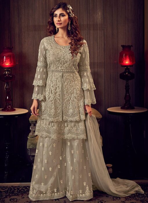 Beige Net Embroidered Palazzo Suit