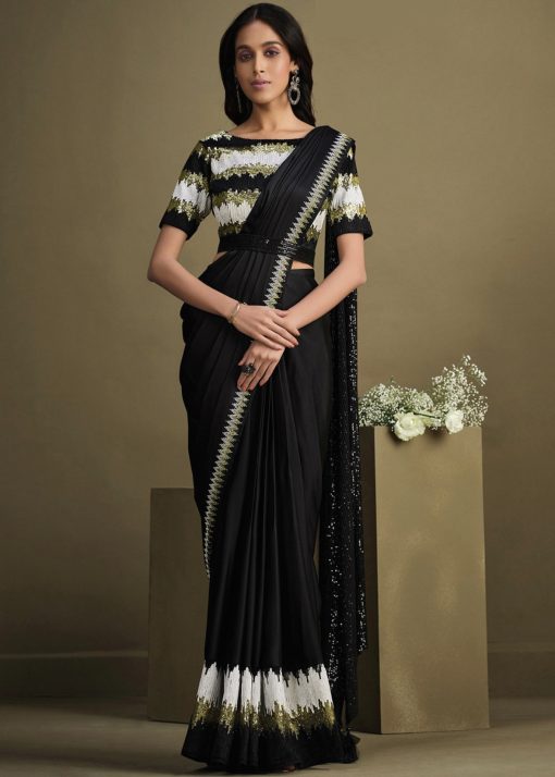 Black Crepe Silk Pre Pleated Designer Saree
