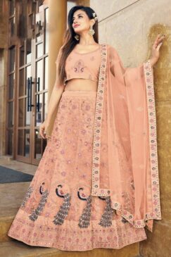 Peach Embroidered Net Party Wear Lehenga Choli