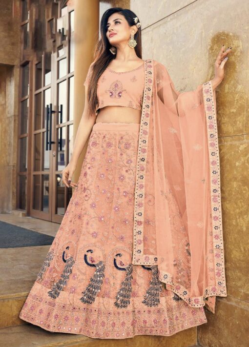 Peach Embroidered Net Party Wear Lehenga Choli