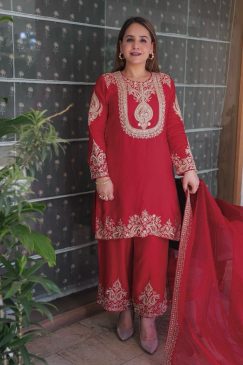 Red color Beautiful Partywear Dress in Chinon SIlk Fabric