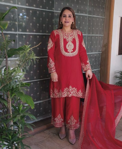 Red color Beautiful Partywear Dress in Chinon SIlk Fabric