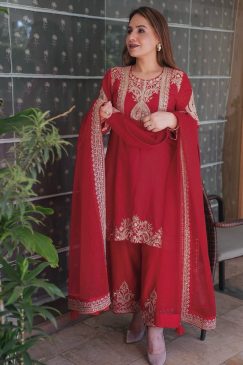 Alternative view of Red color Beautiful Partywear Dress in Chinon SIlk Fabric