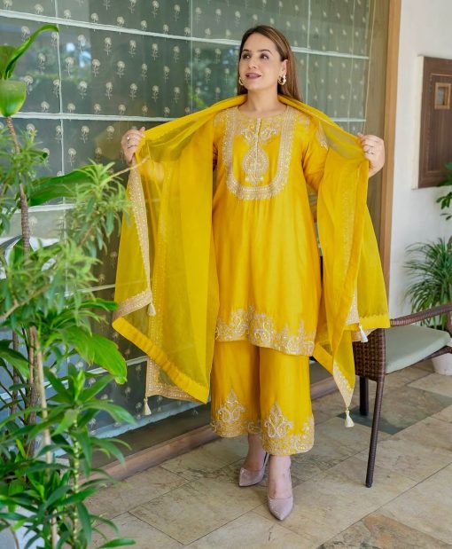 yellow color Beautiful Partywear Dress in Chinon SIlk Fabric